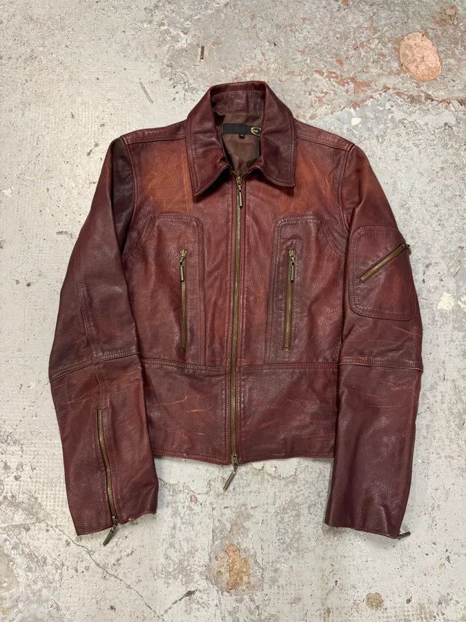 Just Cavalli 2000s Cavalli Fight Club Burgundy Faded Leather Jacket Size US M / EU 48-50 / 2 - 1 Thumbnail