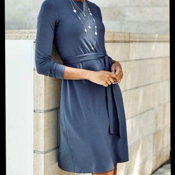 J. Jill J. Jill NWT Wearever Collection Twilight Blue Belted Tie Waist Dress L Knit Jersey Long Sleeve A-Line Solid Dress Size L / US 10 / IT 46 - 2 Thumbnail