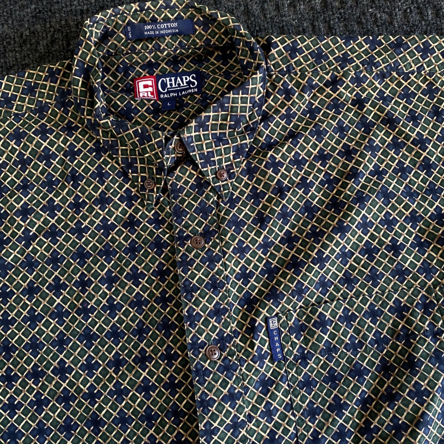 Chaps VINTAGE Chaps Ralph Lauren Button-Up Shirt Long Sleeve L Green Gold Fence Print Mens Size US L / EU 52-54 / 3 - 2 Thumbnail