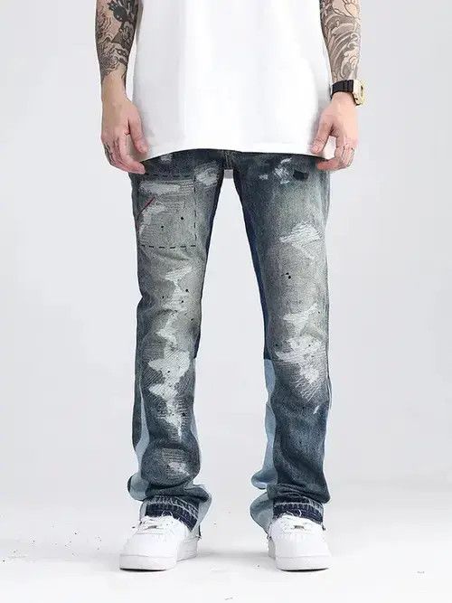Jean Blue Speckle ink Destroyed Flared Jean Size US 33 - 1 Thumbnail