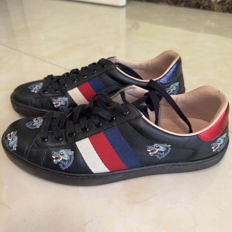 Gucci Gucci Ace Black Leather Sneakers with Wolf Design Size US 8.5 / EU 41-42 - 1 Thumbnail