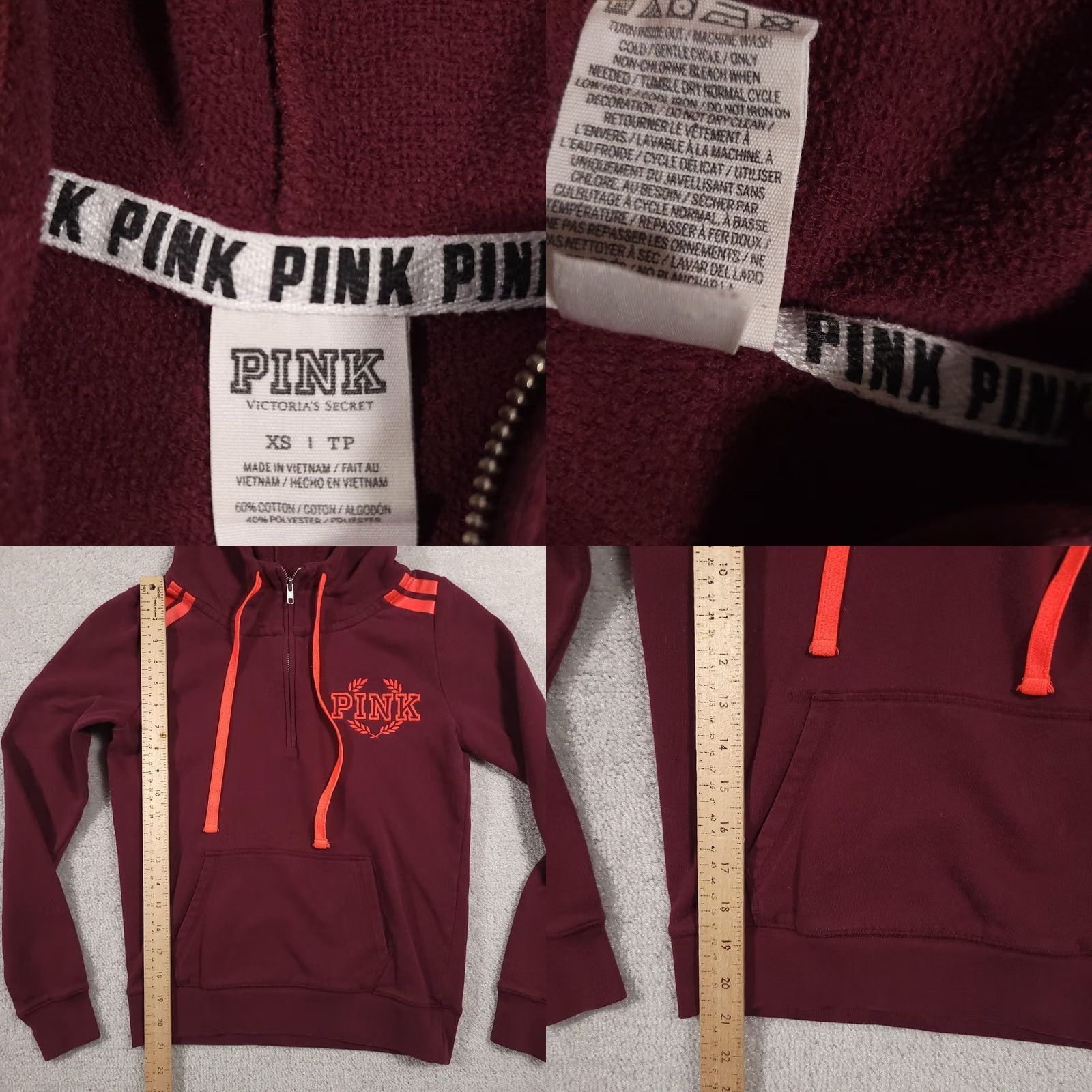 Victoria's Secret VINTAGE? No — exclude. PINK Victoria's Secret Hoodie Womens XS Maroon Pullover 1/2 Zip Hooded Pockets Embroidered Logo Lights Size XS / US 0-2 / IT 36-38 - 8 Thumbnail