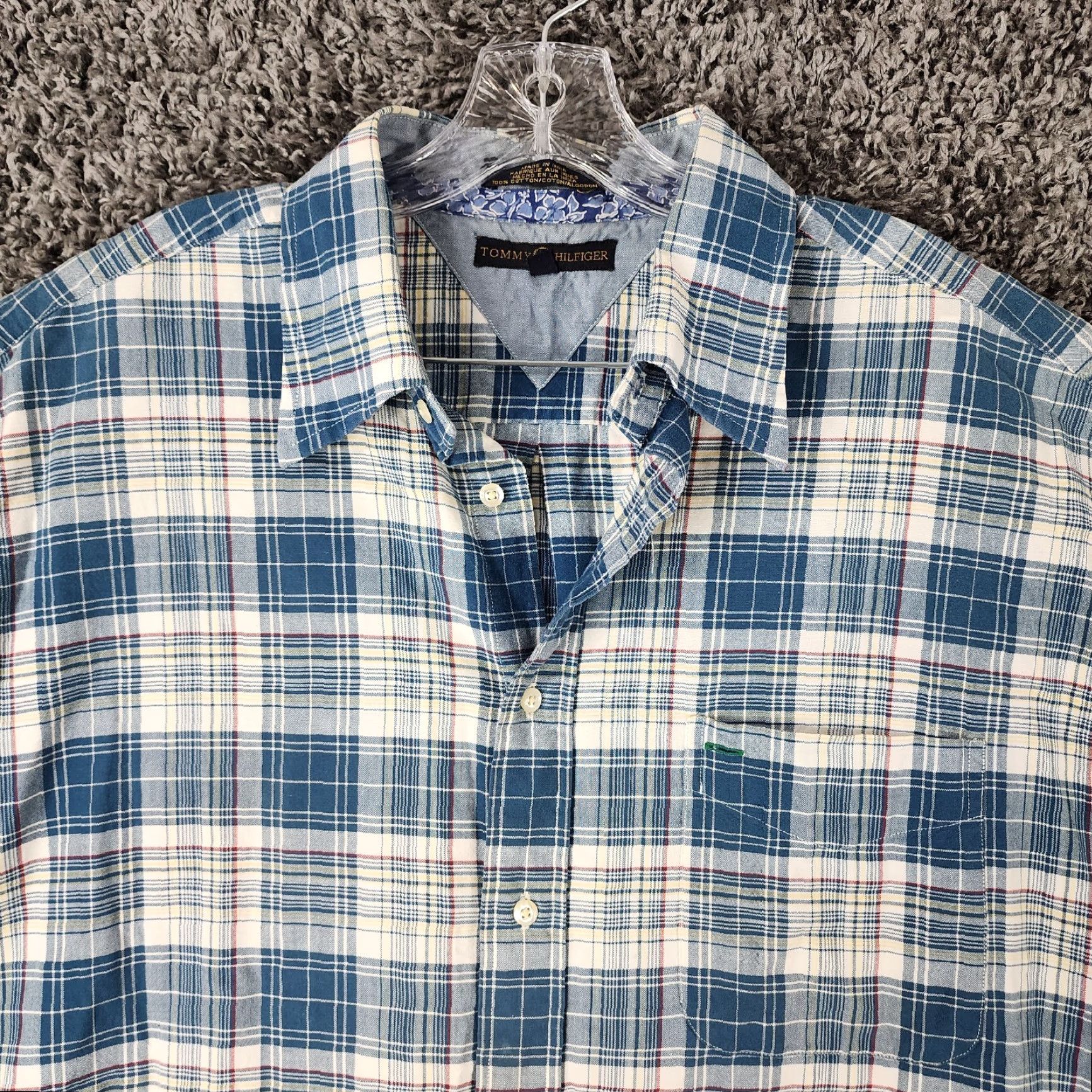 Tommy Hilfiger TOMMY HILFIGER Men's Cotton Button-Up Shirt - Blue Plaid - Short Sleeve - XL - Regular Size Size US 36 / EU 52 - 5 Thumbnail