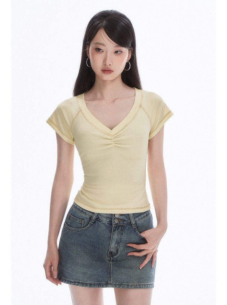 Other Cream yellow V-neck Ruched Cap Sleeve Tee Size L / US 10 / IT 46 - 3 Thumbnail