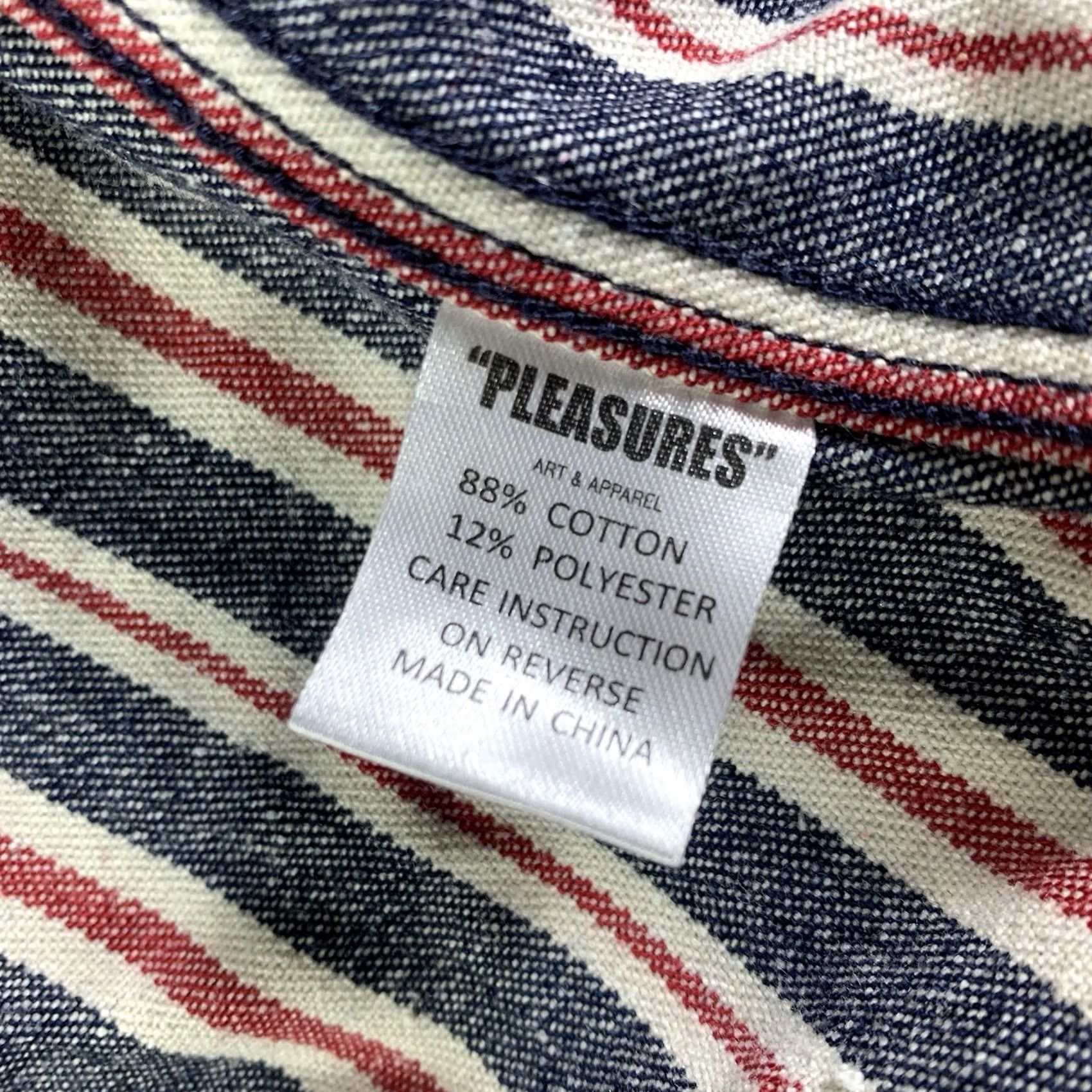 Pleasures Pleasures Now Striped Denim trucker Jacket Adult Large Blue red button up Size US L / EU 52-54 / 3 - 5 Thumbnail