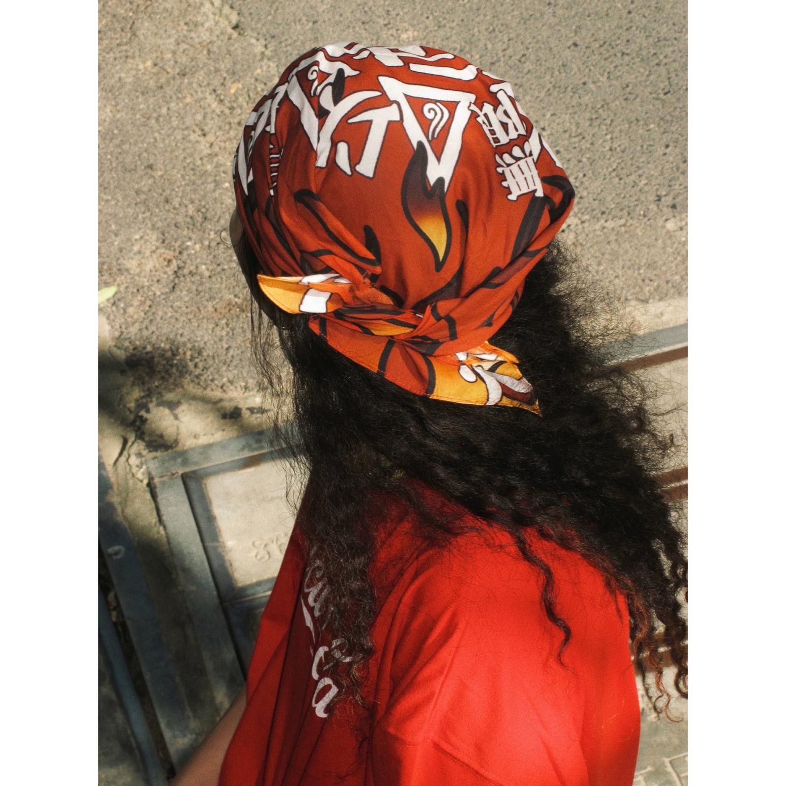 Japanese Brand Y2k Red Flame Scarf Bandana Chinese Character “Fèn” Graphic Size ONE SIZE - 5 Thumbnail
