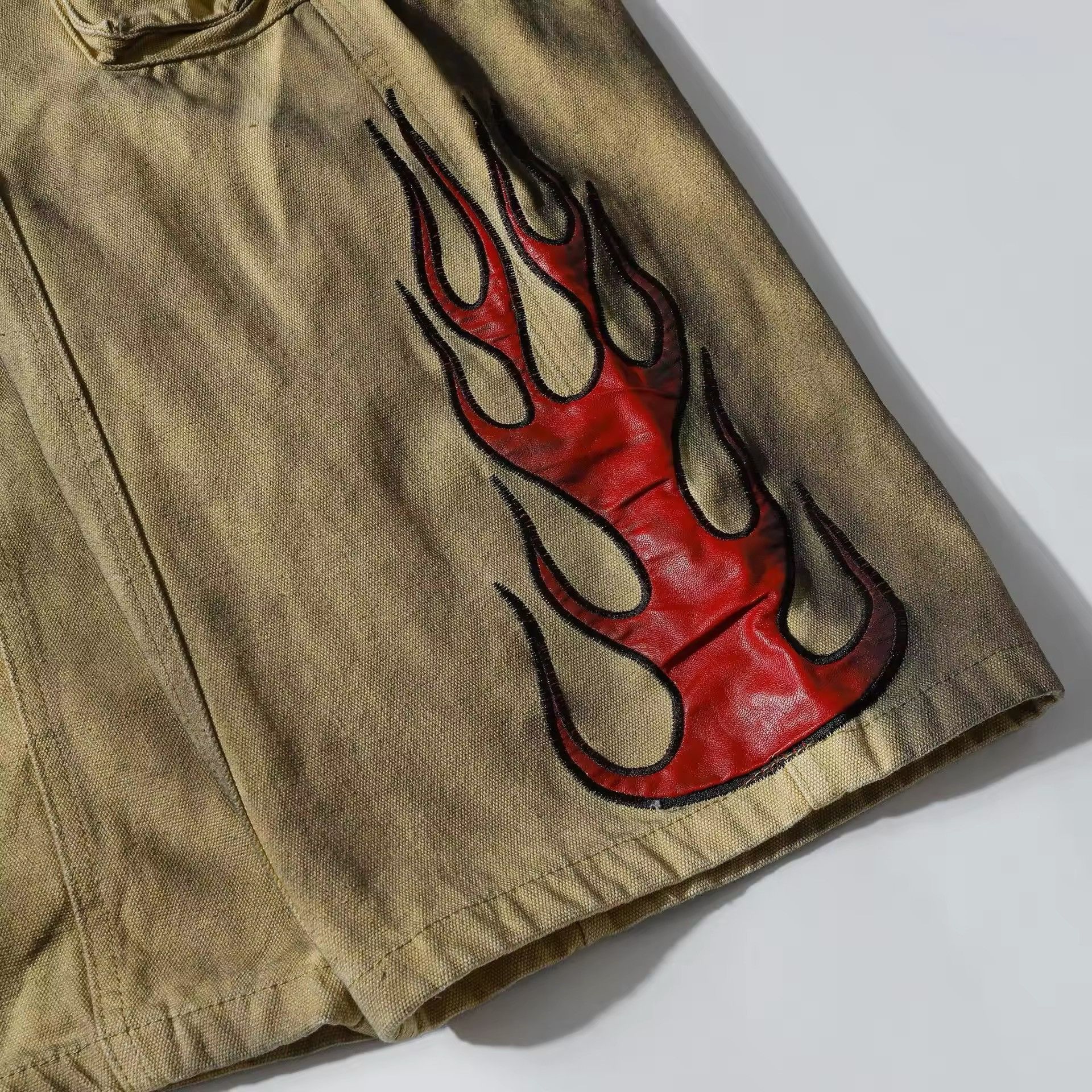 Vintage Khaki Flame Embroidery Wide Leg Jean