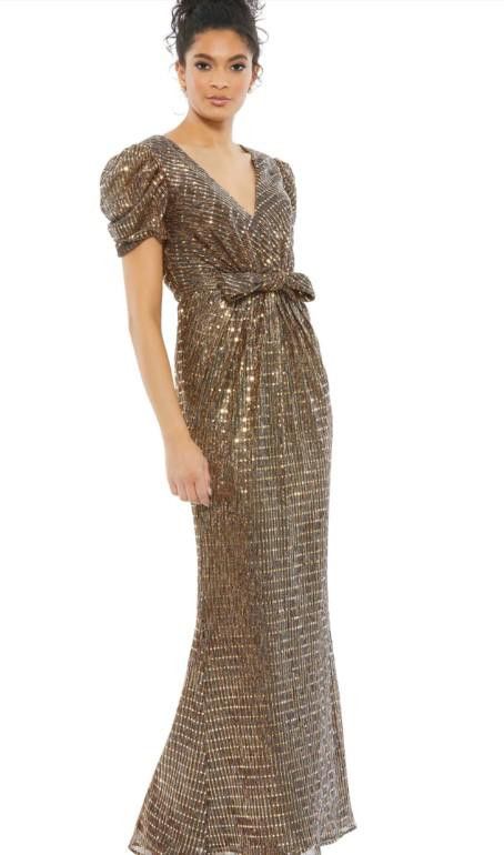 image of Designer (4) NWT Mac Duggal Bow Waist Metallic Gown, Size 12 in Tan, Women's