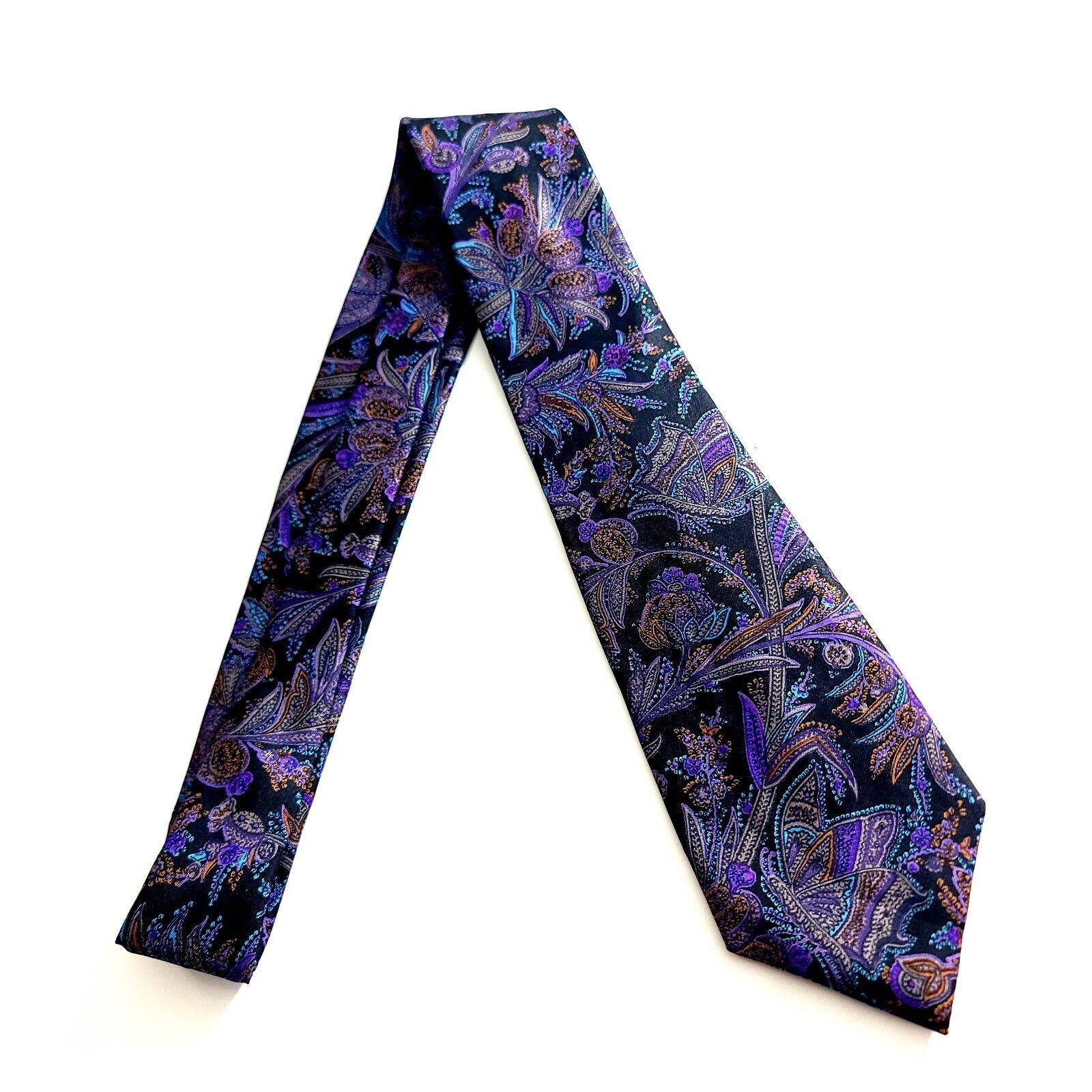 Designer Harve Benard Black Purple Floral Paisley Print Short Silk Ti Size ONE SIZE - 6 Thumbnail