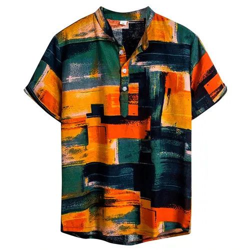 image of Fashion Casual Colorful Mens Cotton Linen Shirt in Yellow (Size XL)
