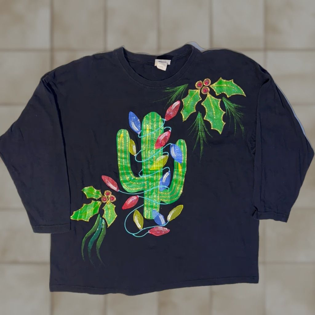 Vintage VINTAGE Western 90s Christmas Cactus Tree Glitter Puff Print Tshirt -L Black Cotton Jersey Crew Neck Tshirt Women Regular 3/4 Sleeve Logo Glitter Fast Size L / US 10 / IT 46 - 1 Thumbnail