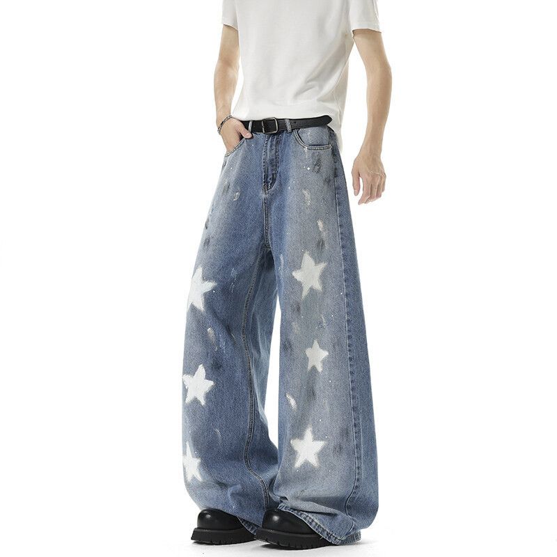 American men's street loose straight star graffiti jeans