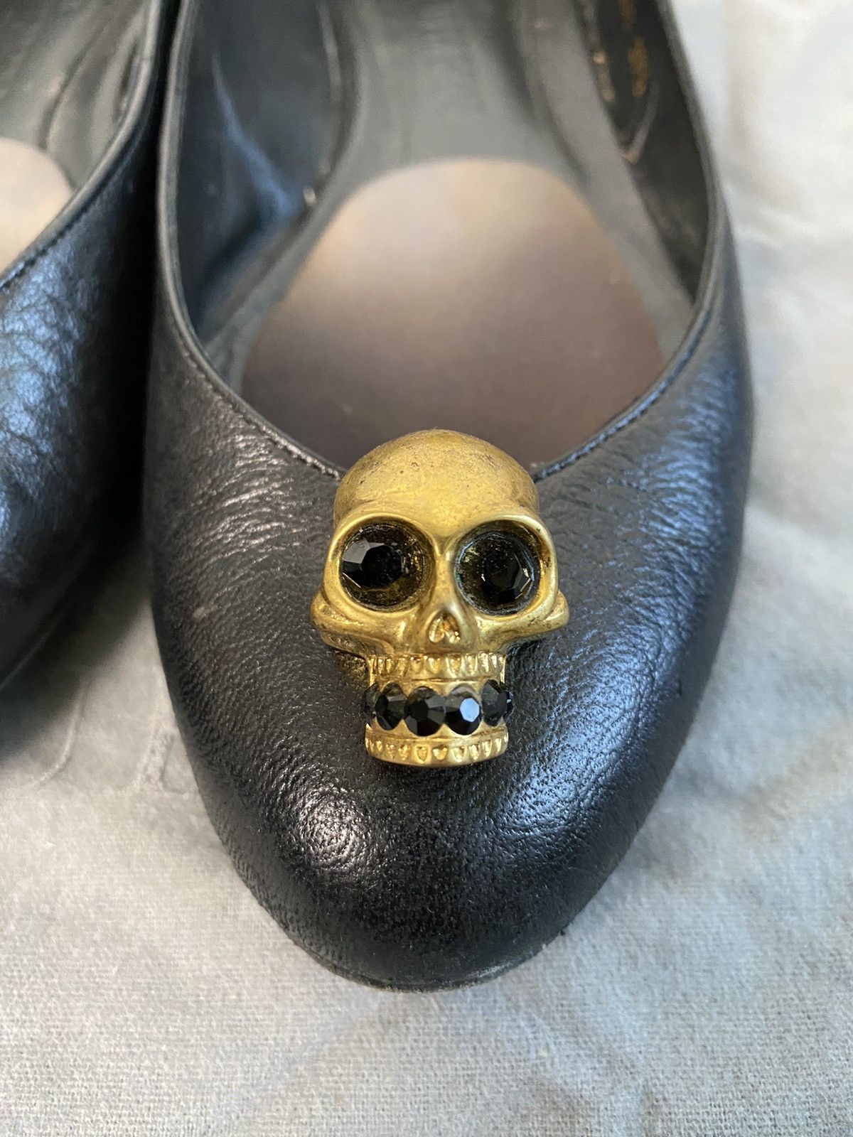 Alexander McQueen Black Leather Crystal Gold Skull Flats