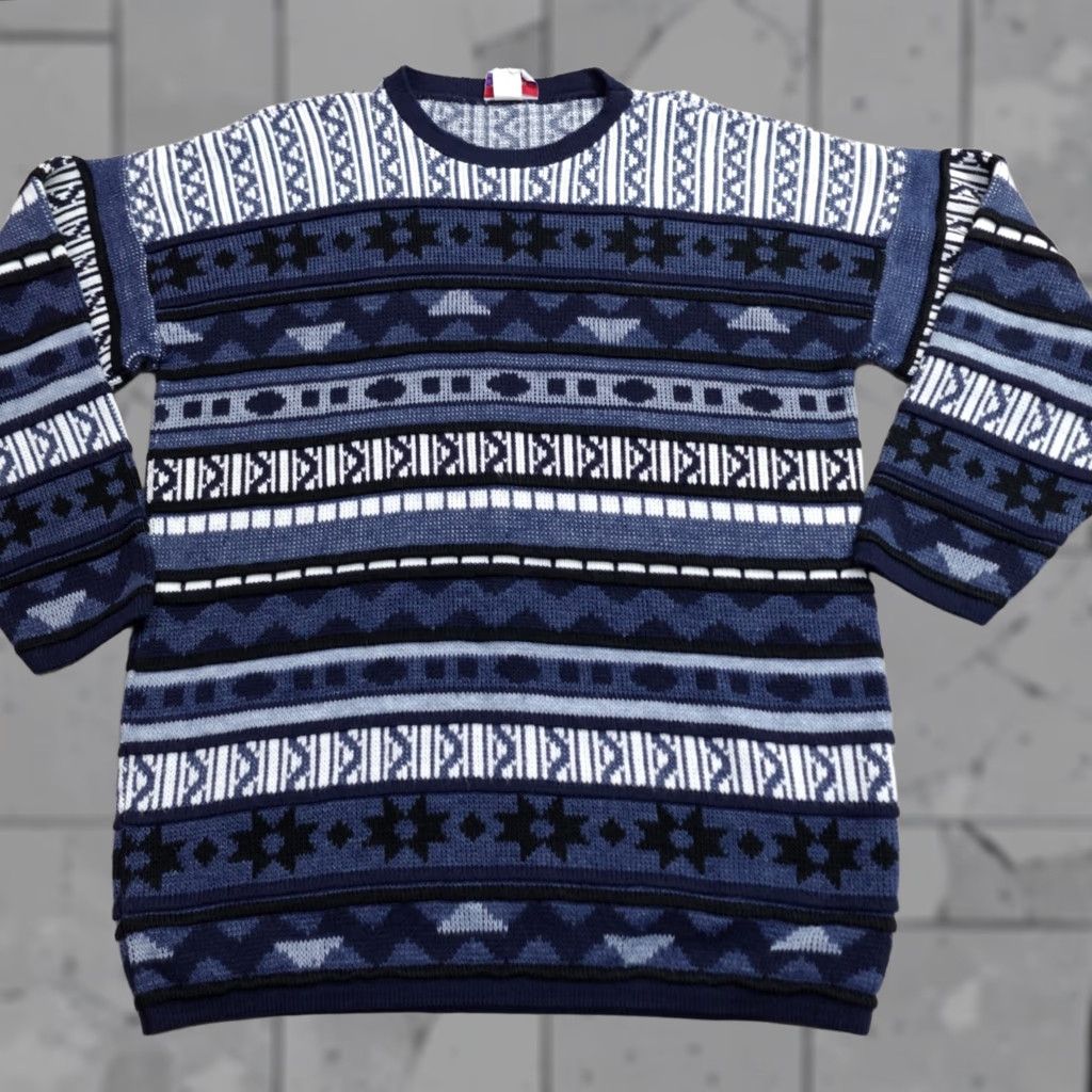 Vintage VINTAGE J.J. Poole Sweater Medium Blue Geometric 3D Made in USA Mens Pullover Knit Acrylic Geometric 3D Blue USA M Size US M / EU 48-50 / 2 - 1 Thumbnail