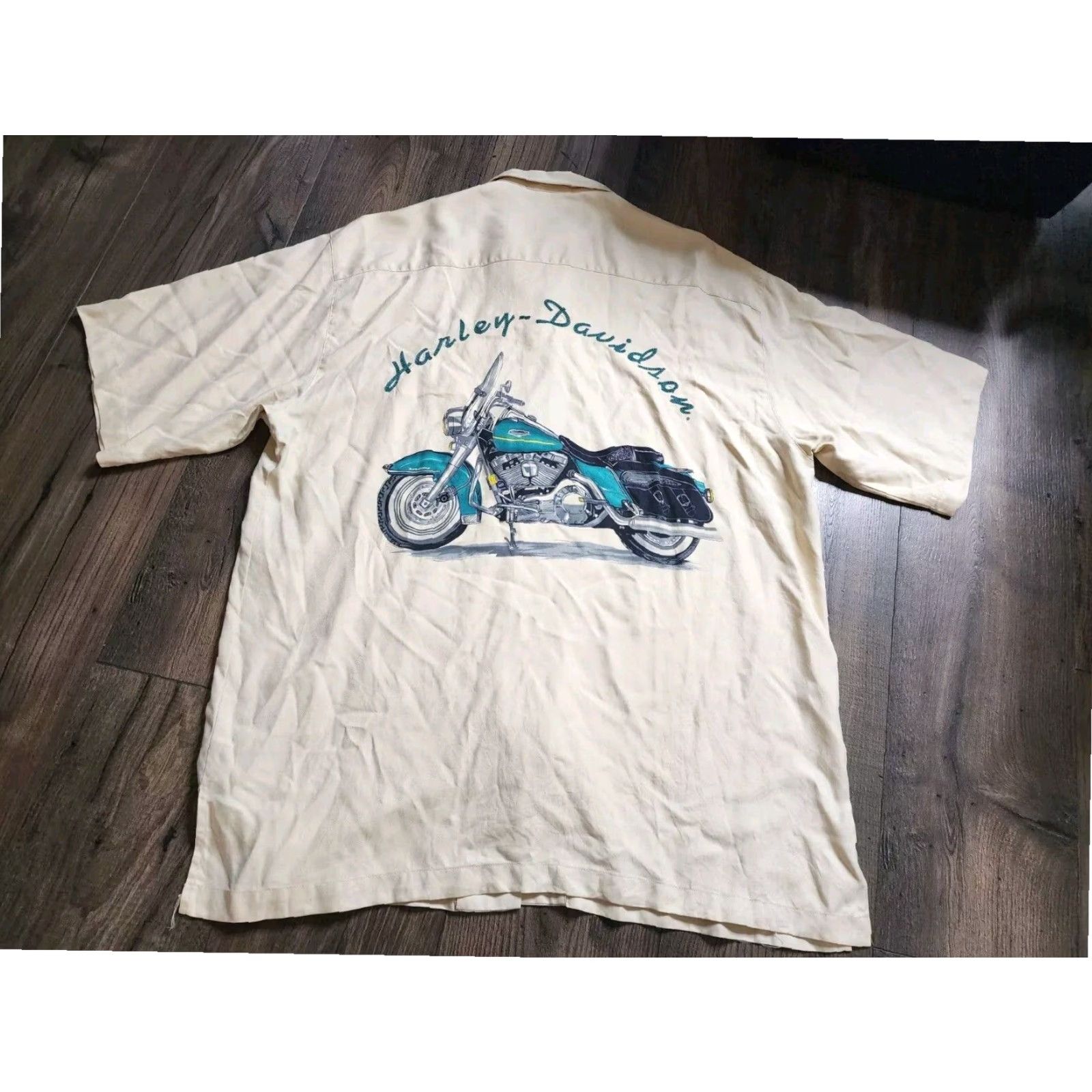 Harley Davidson Harley-Davidson Shirt Silk Adult XL Beige Embroidered Motorcycle Short Sleeve Button-Up Mens Size US XL / EU 56 / 4 - 7 Thumbnail
