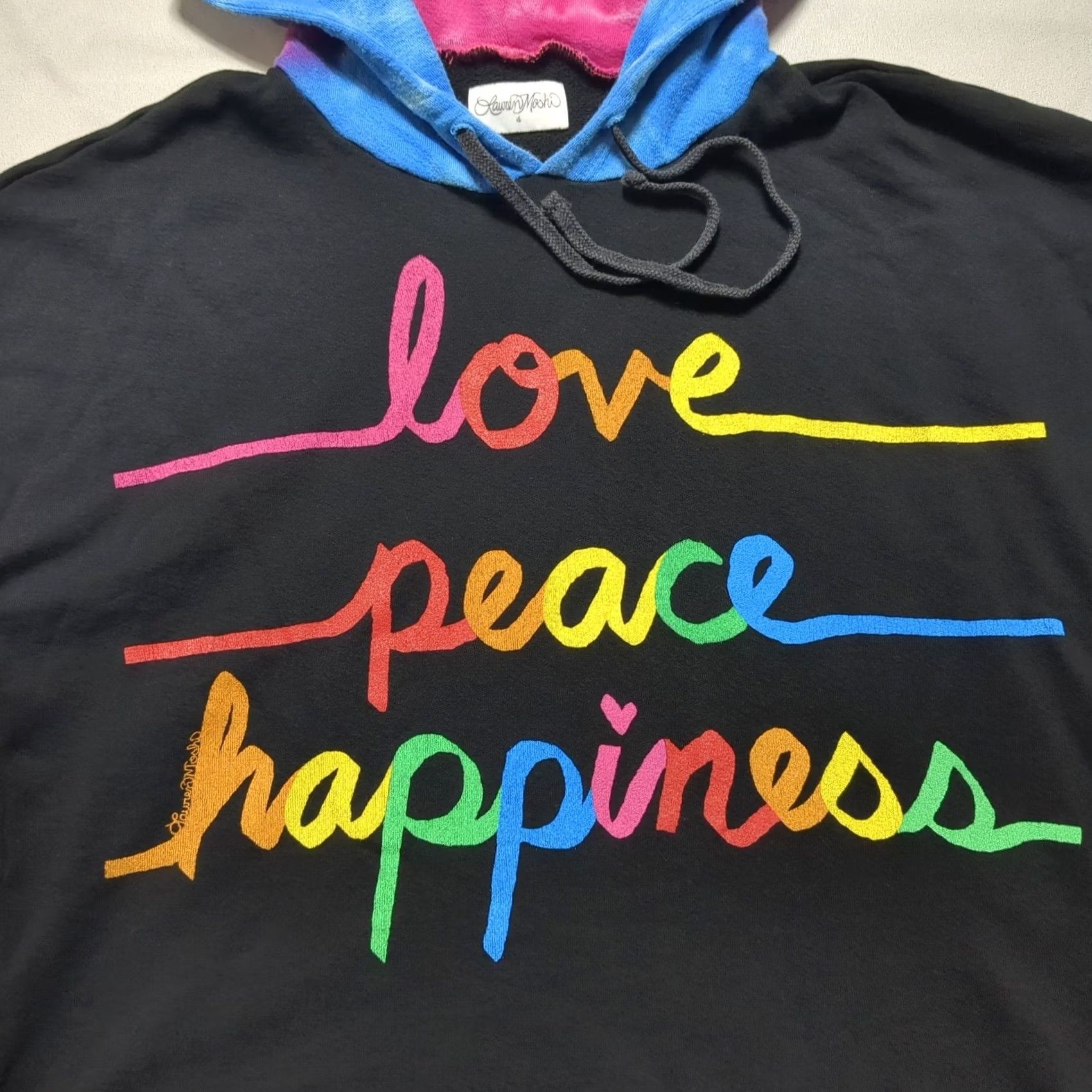 Vintage Lauren Moshi Hoodie Cropped Black Tie Dye Hood Love Peace Happiness Small Womens Sleeve Long Pullover Graphic Print Casual Satin? Size S / US 4 / IT 40 - 2 Thumbnail