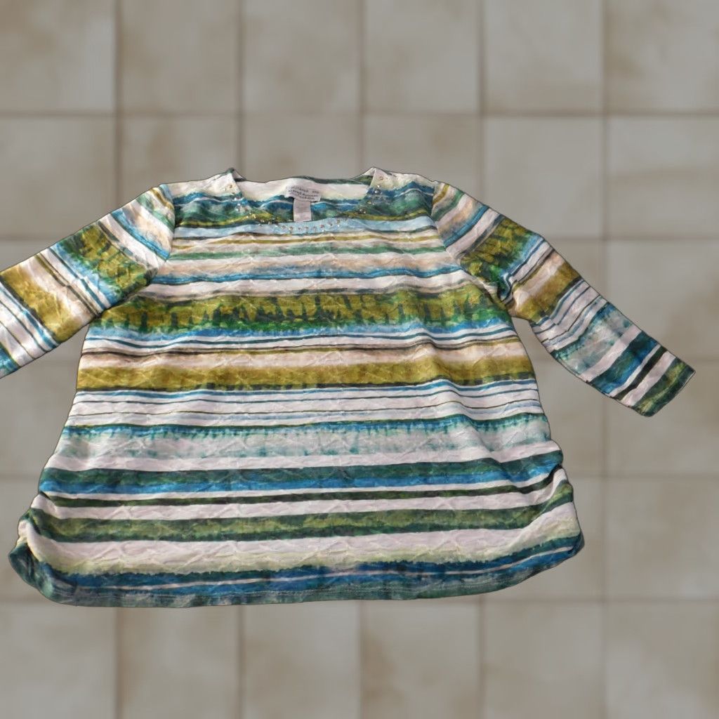Vintage Alfred Dunner Blouse Shirt Womens L Green Striped Round Neck Pullover Stretch Casual Vintage: No Size L / US 10 / IT 46 - 1 Thumbnail