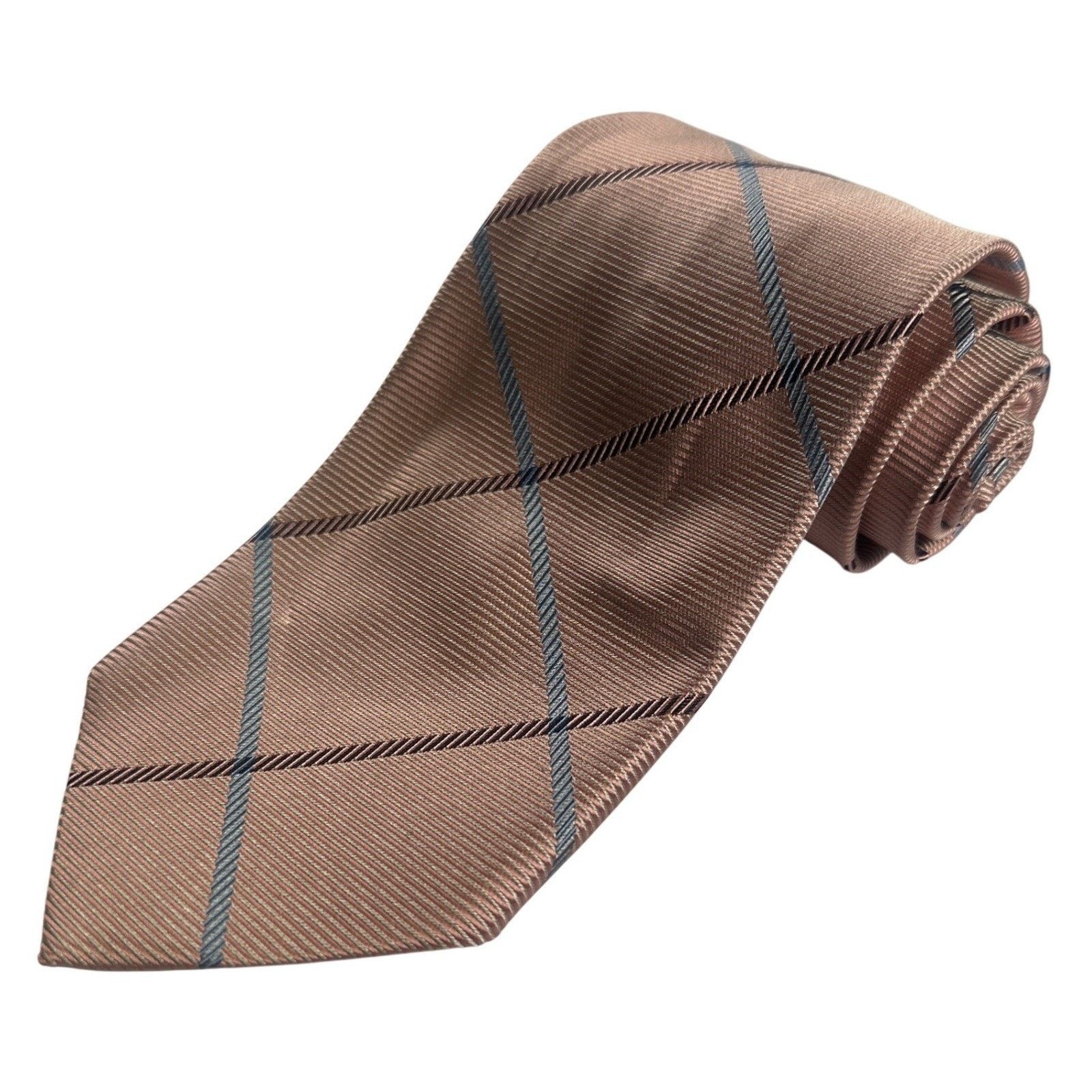 Paul Fredrick Paul Fredrick Italian Silk Tie Pinkish Tan Blue Plaid NWT Size ONE SIZE - 2 Thumbnail