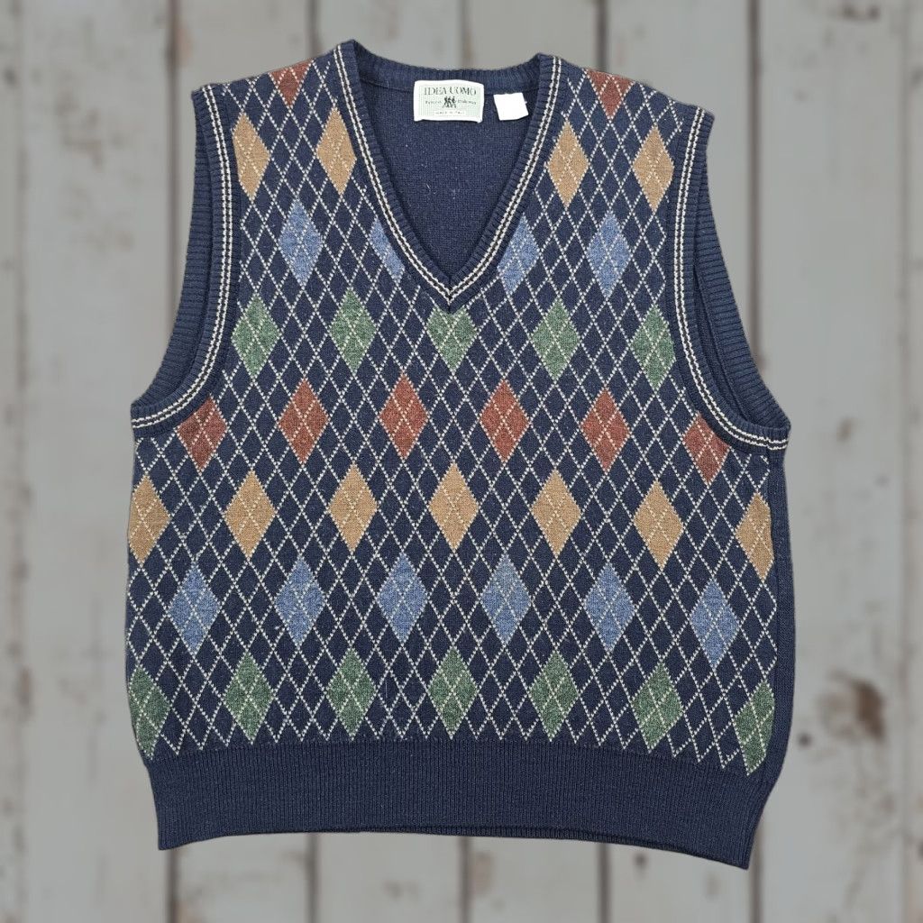 Idea Uomo Vest Sweater Mens L Blue V-Neck Pullover Knit Wool Acrylic Made in Italy