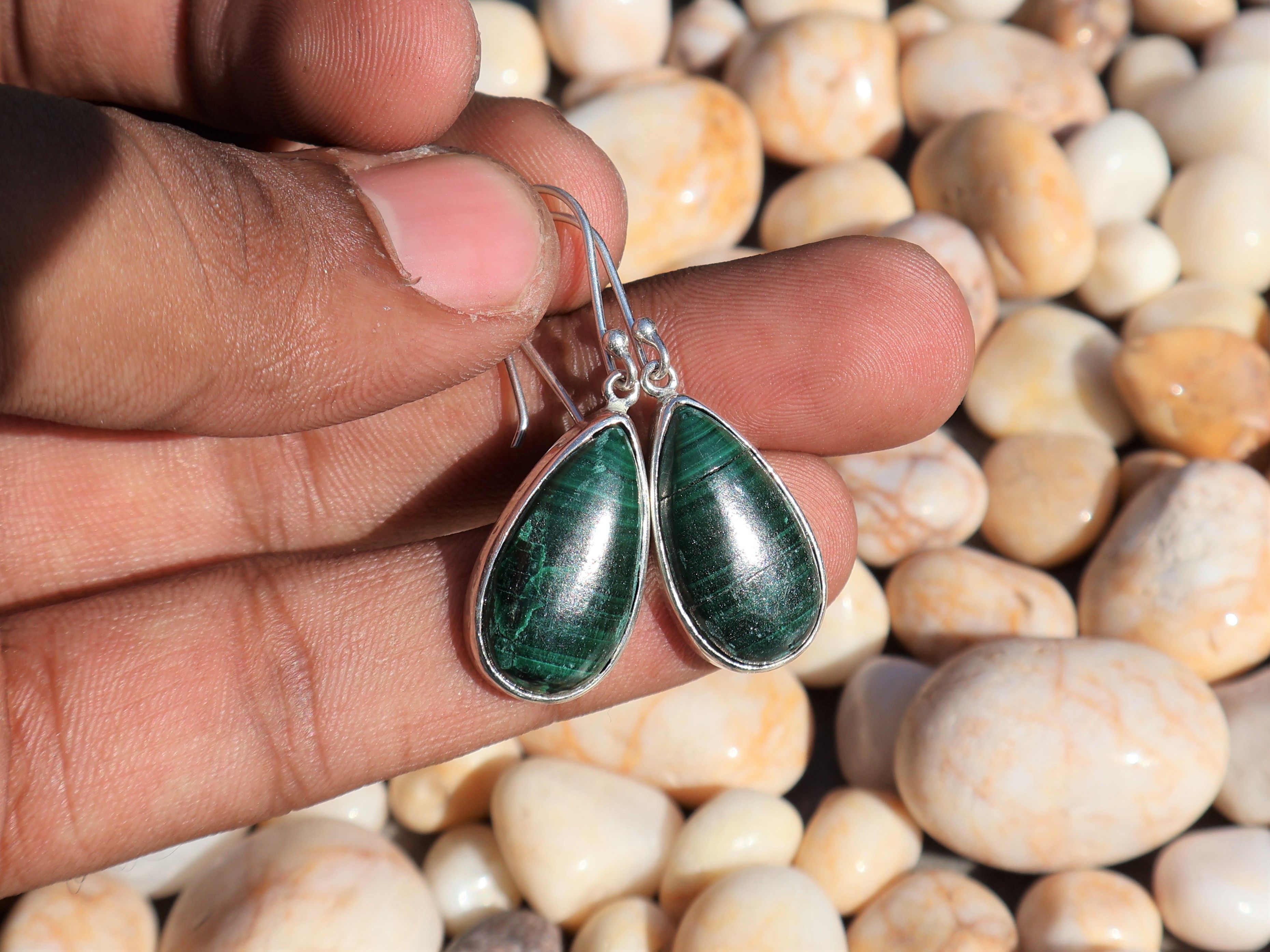 Handmade Malachite Dangle Drop Earrings, Sterling Handmade Earrings, Size ONE SIZE - 7 Thumbnail
