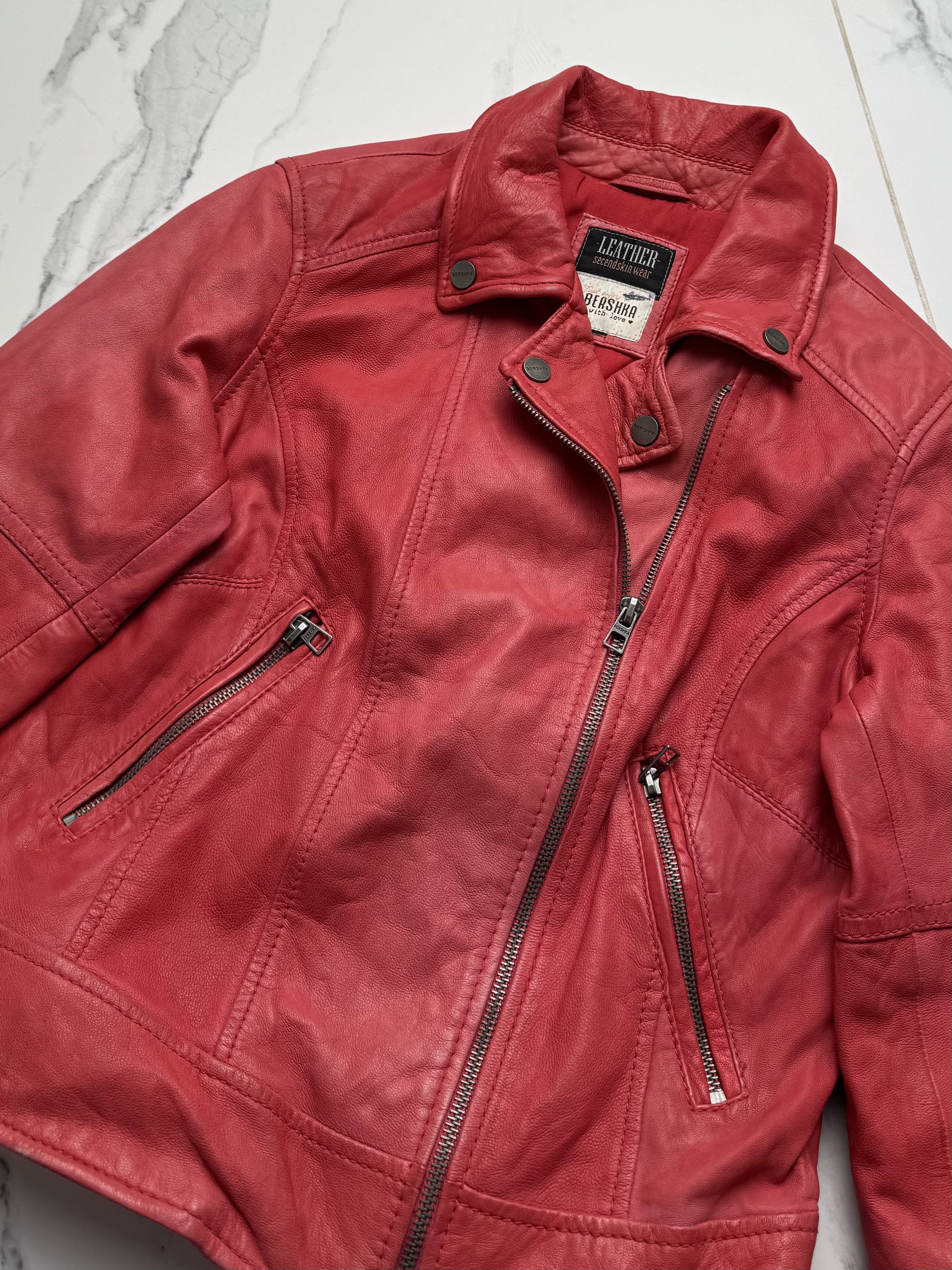 Leather Y2K Red Leather Biker Jacket Cropped Moto Zip Up Slim Fit Size XS / US 0-2 / IT 36-38 - 5 Thumbnail