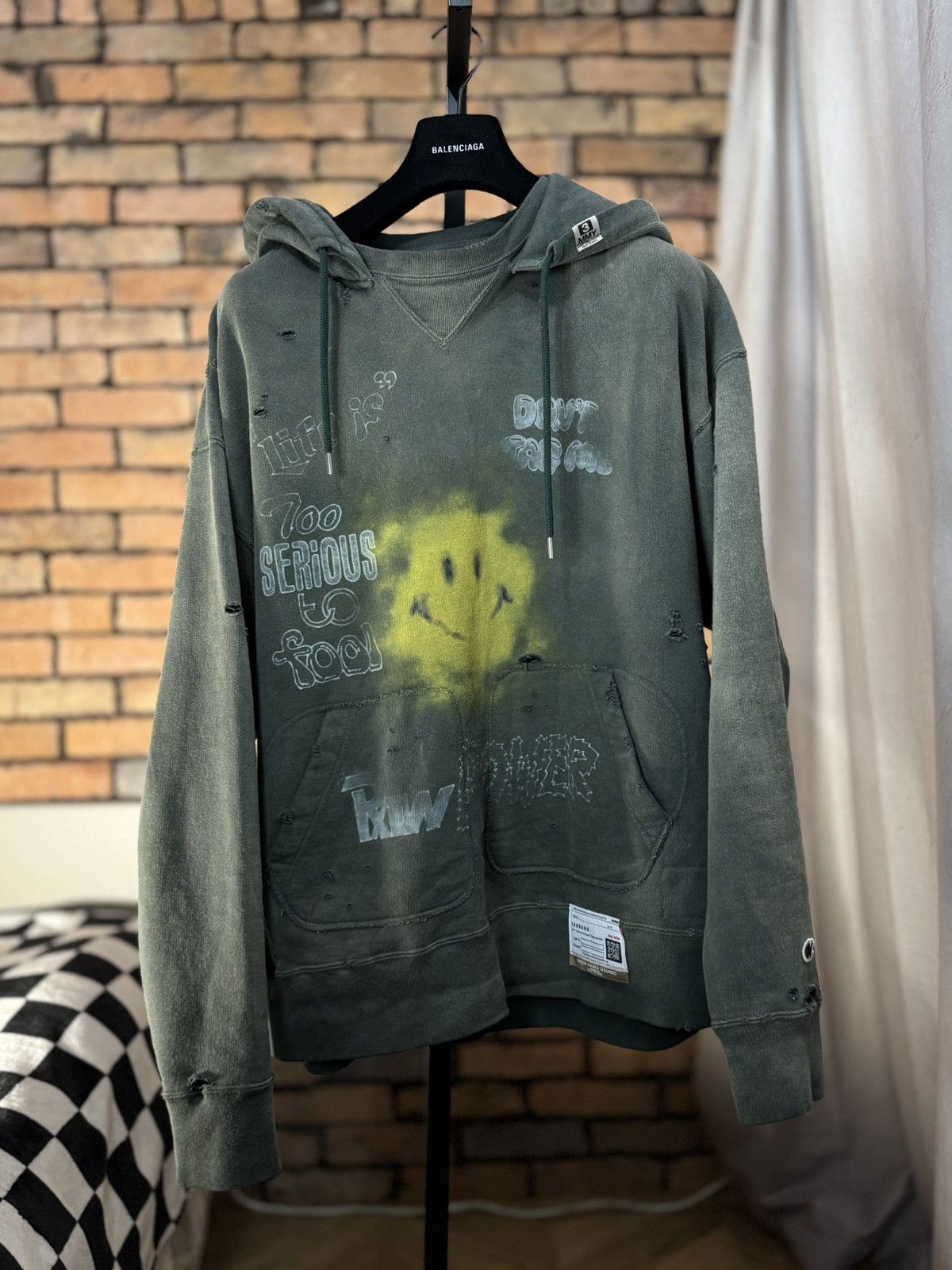 Maison MIHARA YASUHIRO $629 DISTRESSED SMILEY HOODIE GREEN ENZYME DYE WASH SWEATER Size US M / EU 48-50 / 2 - 1 Thumbnail