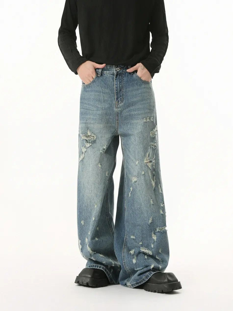 Japanese Brand Retro high street straight leg ripped jeans Size US 32 / EU 48 - 1 Thumbnail