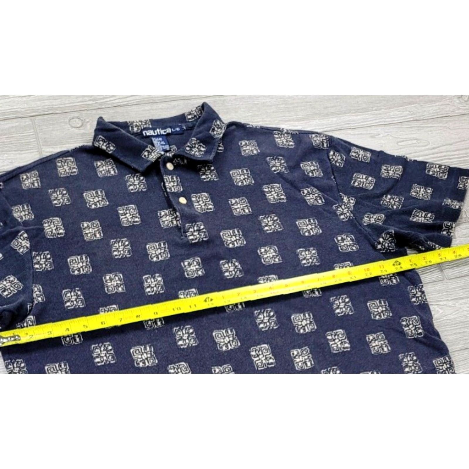 Nautica VINTAGE Nautica Polo Shirt Tribal 90s Blue L Men Short Sleeve Cotton Button Closed Collared Geometric AOP RARE USA Made Shirt Mens Size US L / EU 52-54 / 3 - 7 Thumbnail