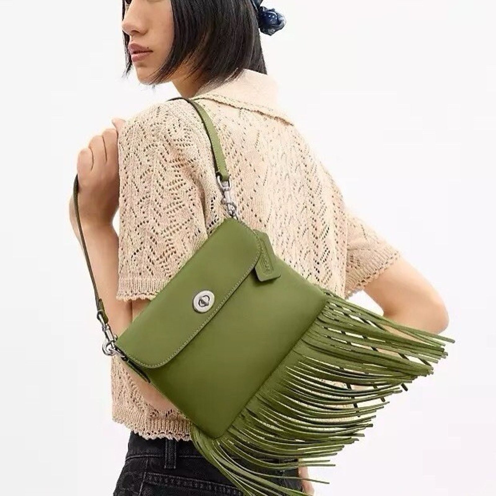 Coach NWT Coach 1964 Fringe Bag Dark Lime Leather CU033 Size ONE SIZE - 5 Thumbnail