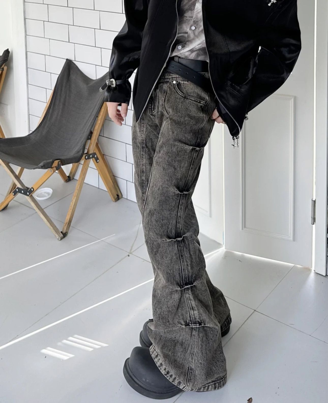 image of Opium Cargo Flared Stack Jeans, Wide Leg, Bootcut, Stacked in Grey, Men's (Size 30)