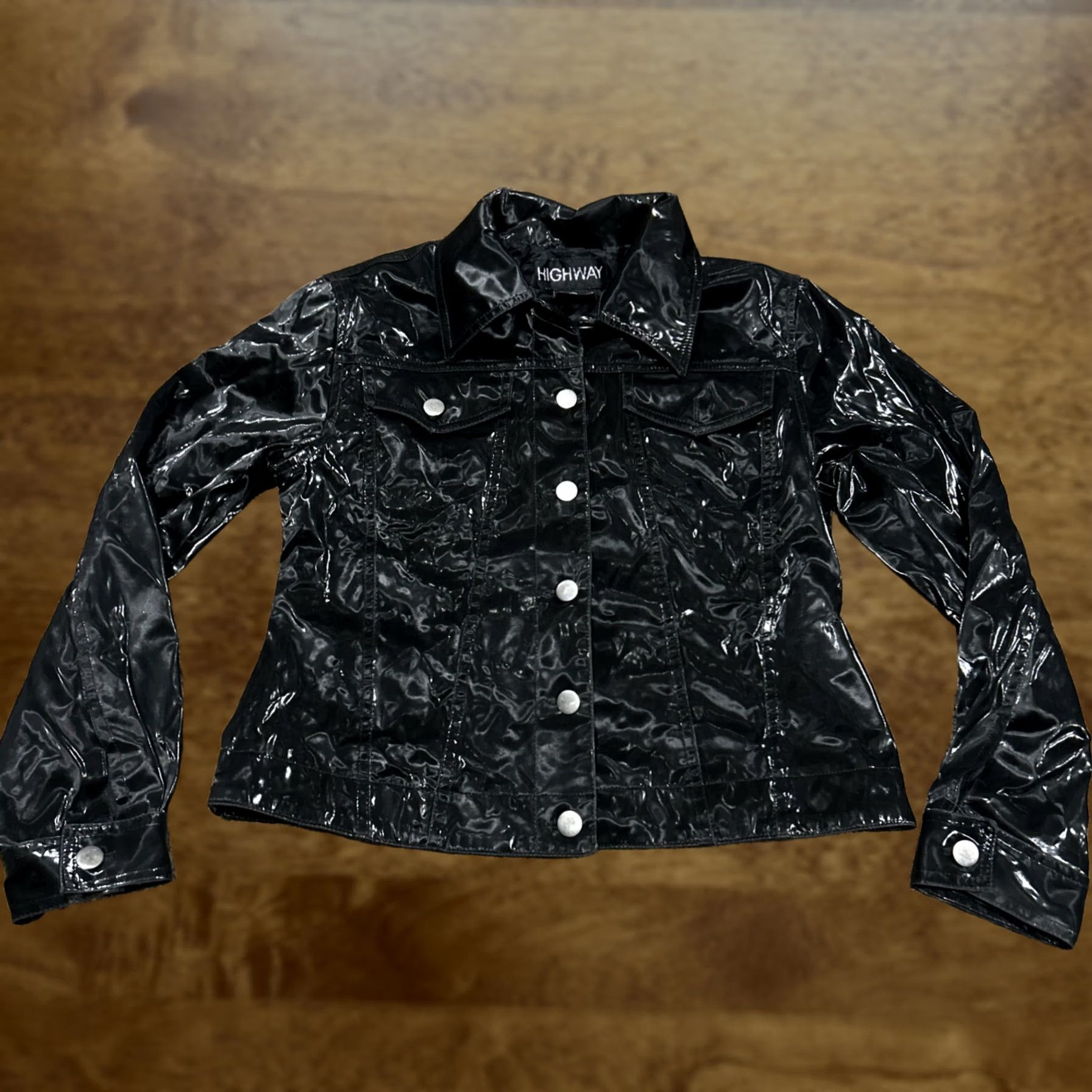 Vintage Highway Jacket Womens M Faux Leather Motorcycle Jacket Biker Style Button Up Black Short 20” Lined Nylon Fall Spring Winter Size M / US 6-8 / IT 42-44 - 1 Thumbnail