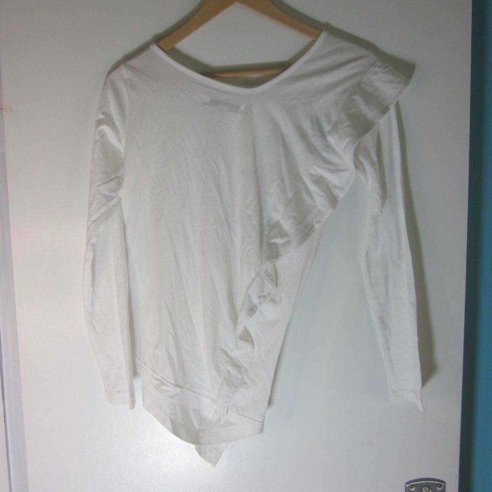 Alexa Chung Lu Lu Cheung Womens Size S Asymmetrical Long Sleeve White Cotton Ruffle Tee Size S / US 4 / IT 40 - 10 Thumbnail
