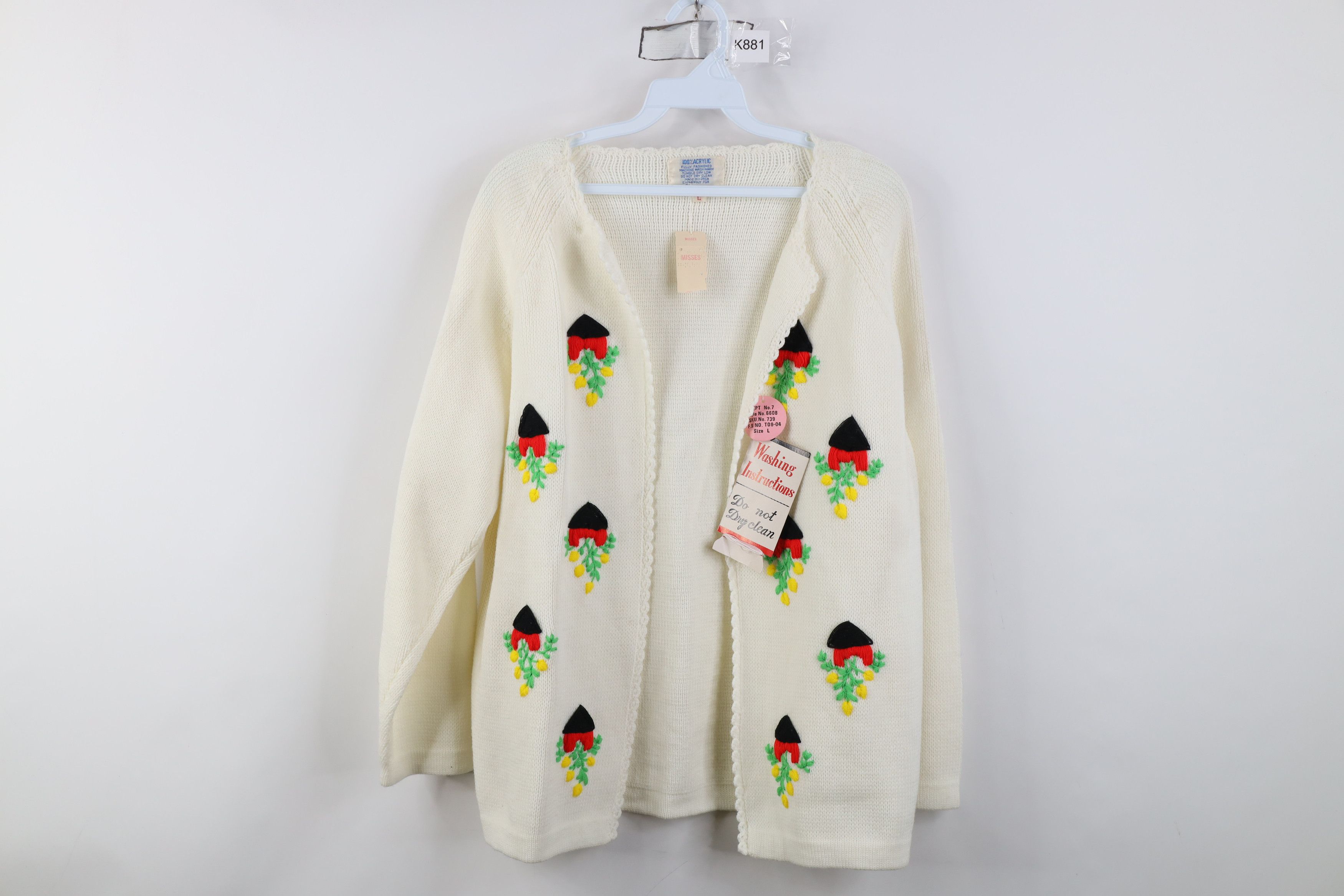 Deadstock Vintage 60s 70s Flower Knit Cardigan Sweater