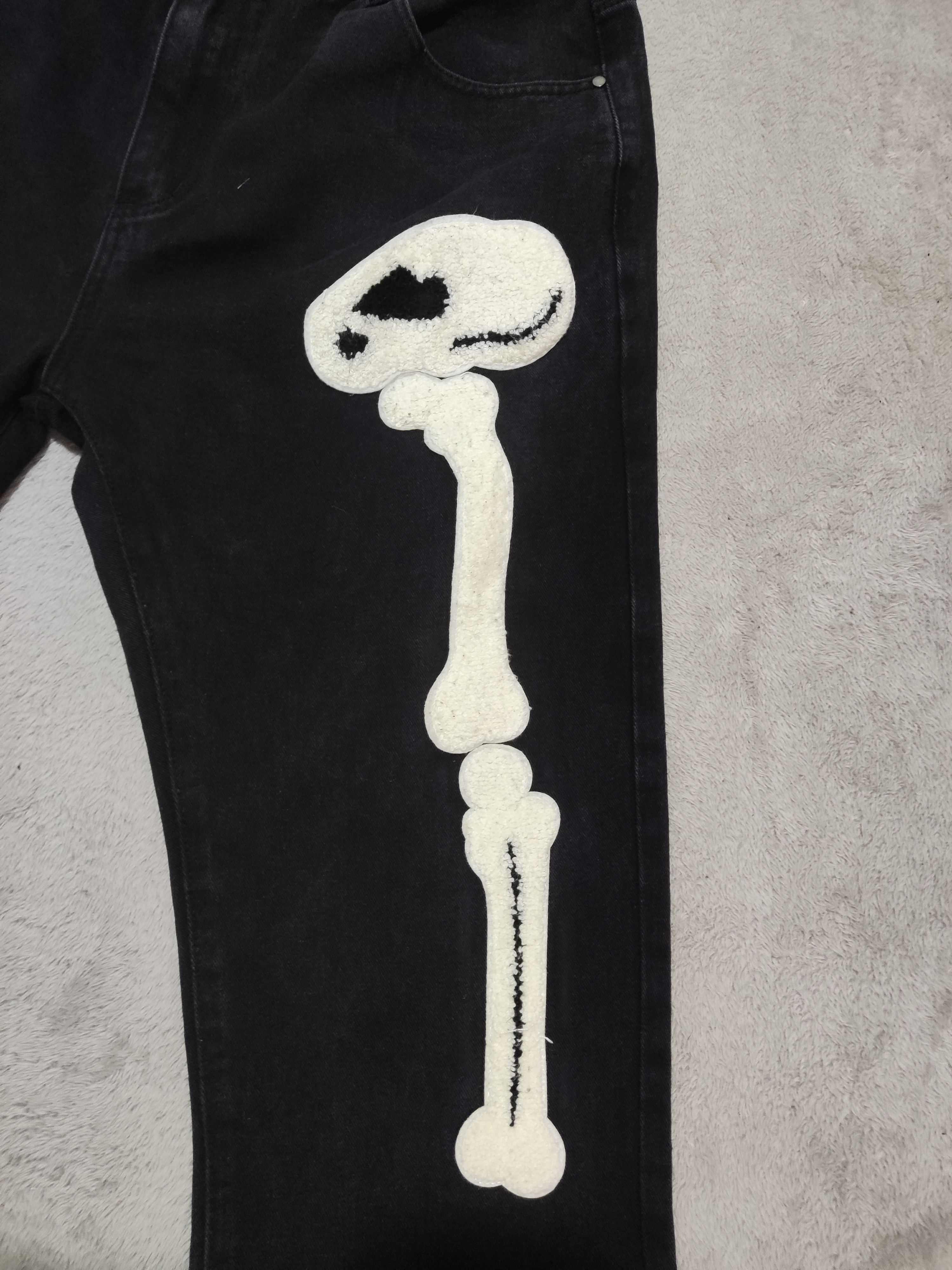 Japanese Brand Streetwear Skeleton Bone Chenille Patch Black Washed Denim Size US 35 - 6 Thumbnail