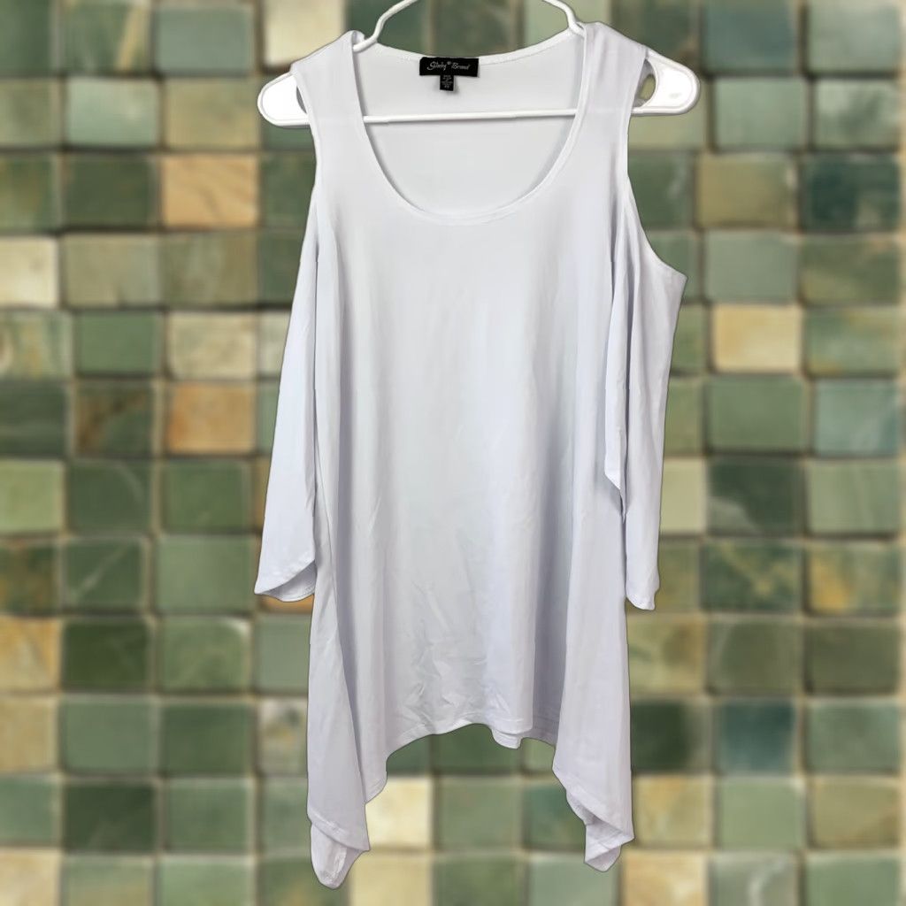 J Brand Slinky Brand Women's White Cold Shoulder Tunic Top XS Blouse 3/4 Sleeve Asymmetrical Hem Knit Jersey Pullover Casual Summer 90s? Size XS / US 0-2 / IT 36-38 - 1 Thumbnail