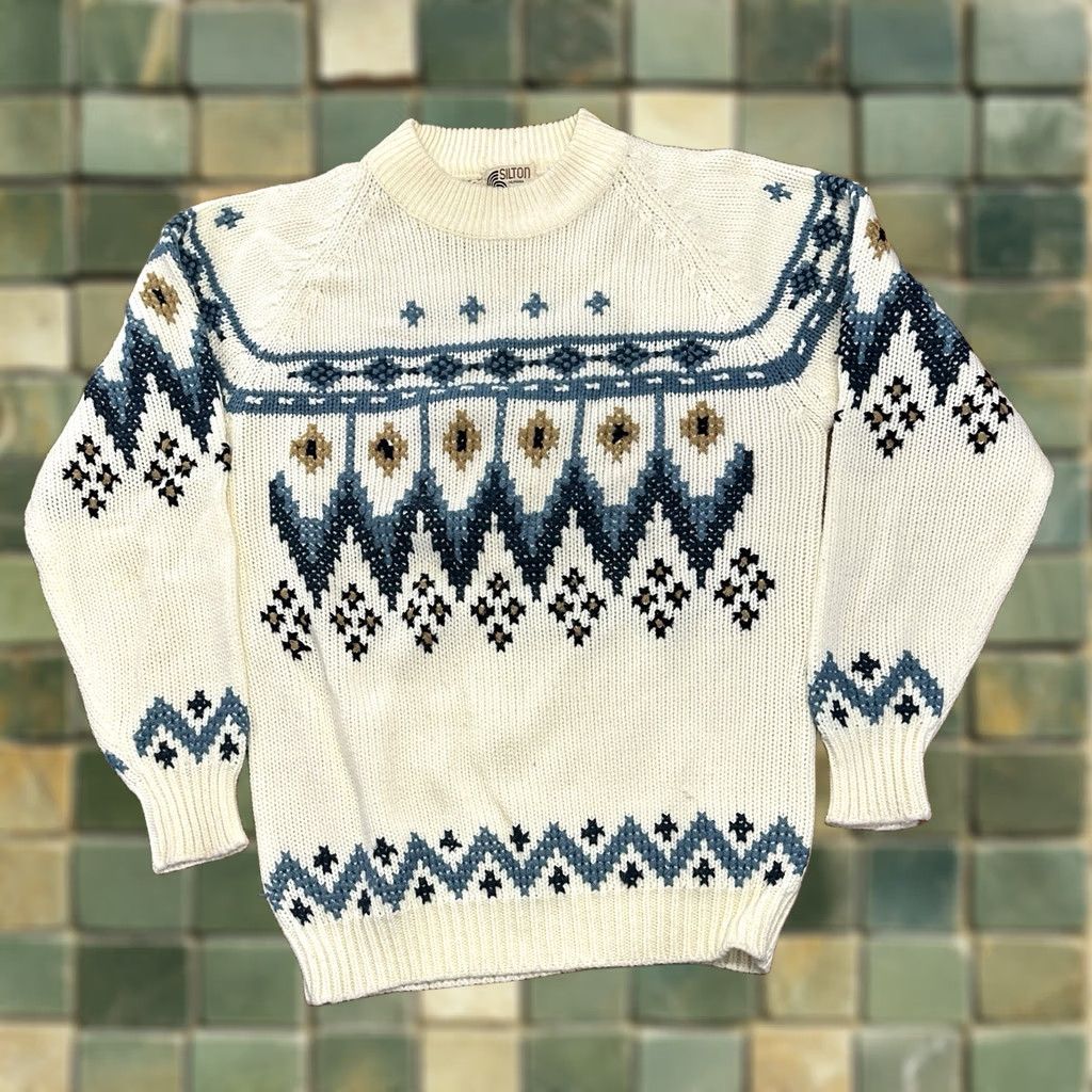 Vintage VINTAGE silton california Sweater Medium 80s 90s Geometric White Acrylic Knit Mens Size US M / EU 48-50 / 2 - 1 Thumbnail