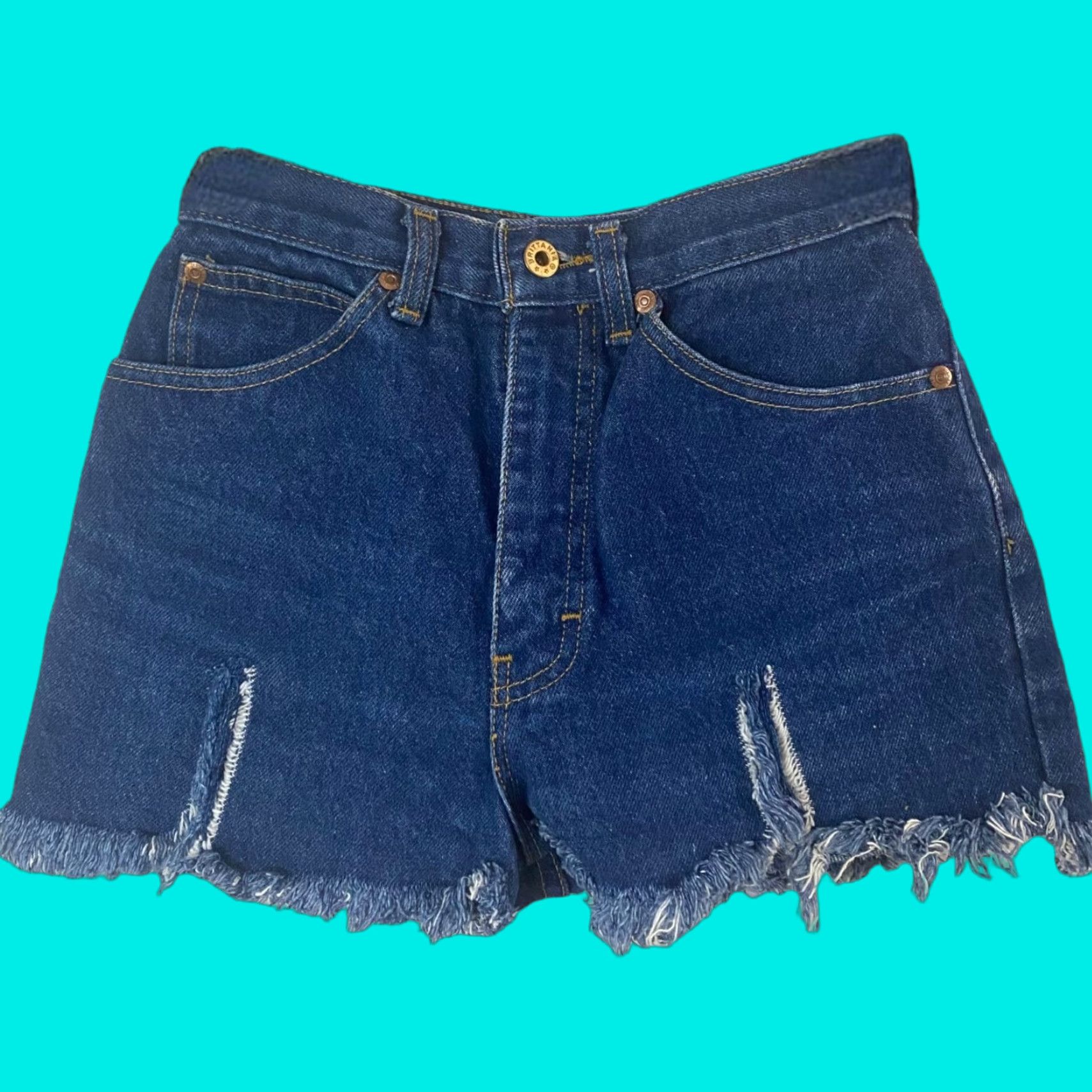Vintage VINTAGE Brittania High-Waisted Jeans Shorts Womens 5 Blue Medium Wash Raw Hem Denim United States 100% Cotton Womens Brittanya? Size 27" / US 4 / IT 40 - 1 Thumbnail