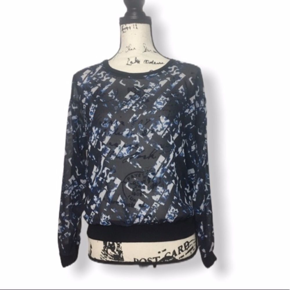 Mossimo Mossimo Sheer Abstract Print Blouse | Size S | Blue Black Li Size S / US 4 / IT 40 - 1 Thumbnail