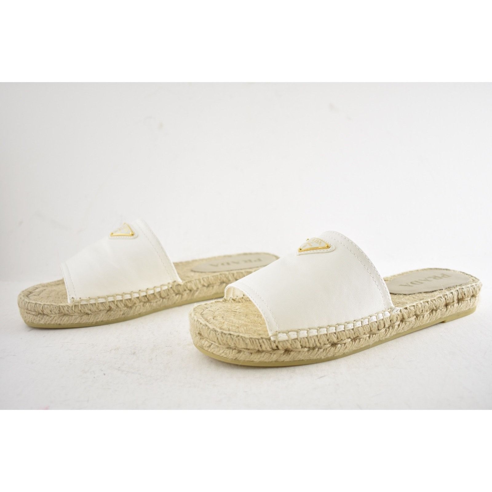 Prada Prada Gold Triangle Logo Avorio White Leather Espadrille 37 Size US 7 / IT 37 - 14 Thumbnail