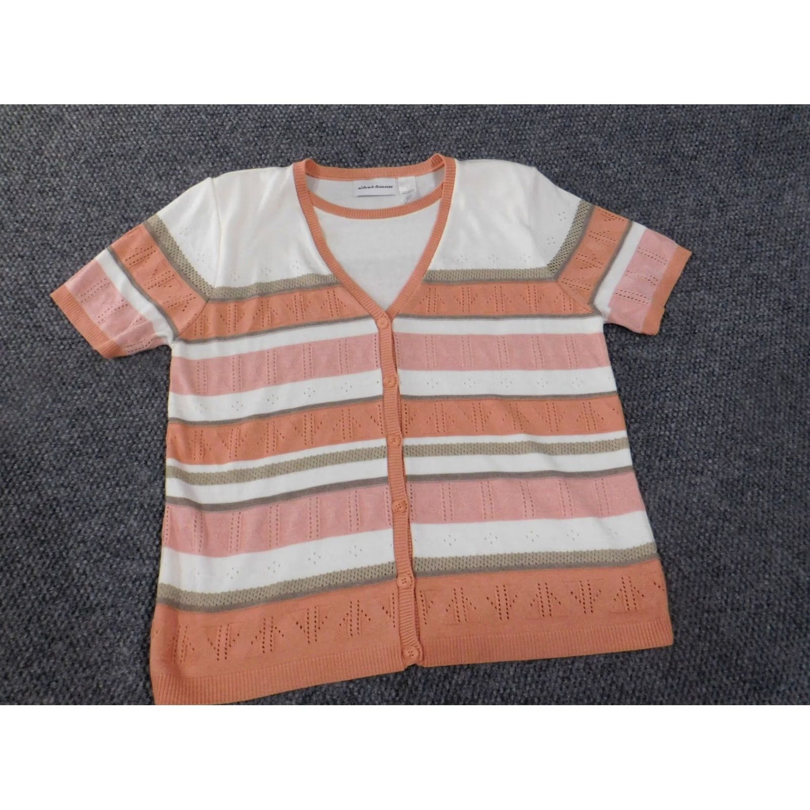 Vintage Alfred Dunner Cardigan Sweater L Orange Raglan Short Sleeve V-Neck Knit Striped Acrylic Shoulder Pads Size L / US 10 / IT 46 - 2 Thumbnail
