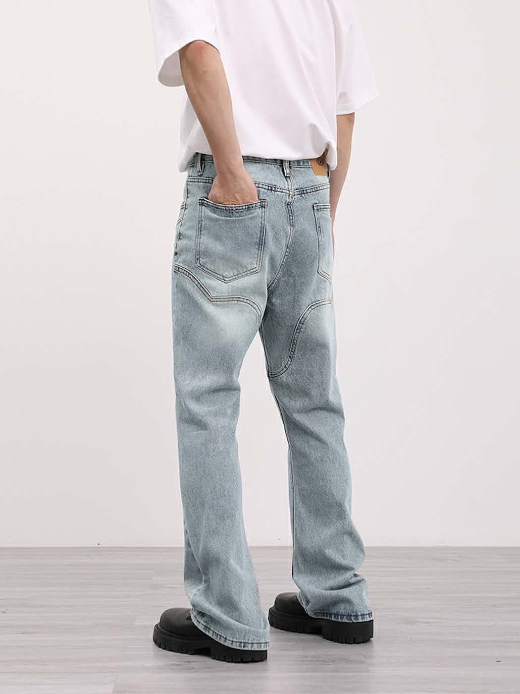 patchwork bootcut washed faded jeans
