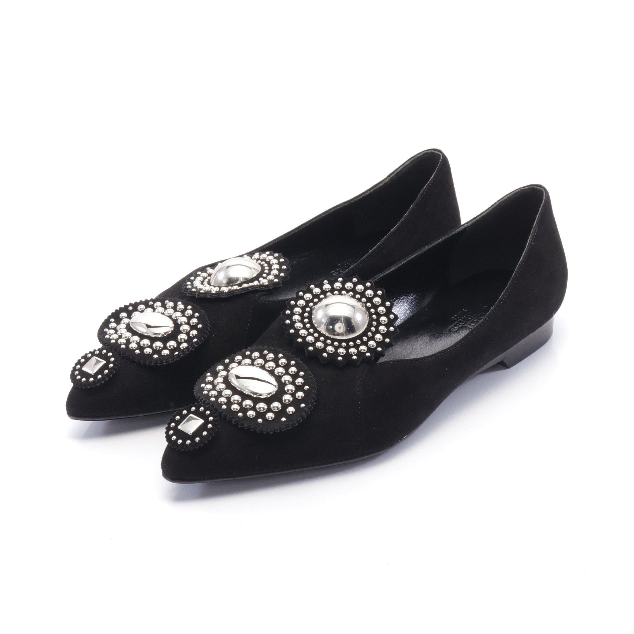 Hermes Pointed Toe Flat Pumps Suede Black Studs