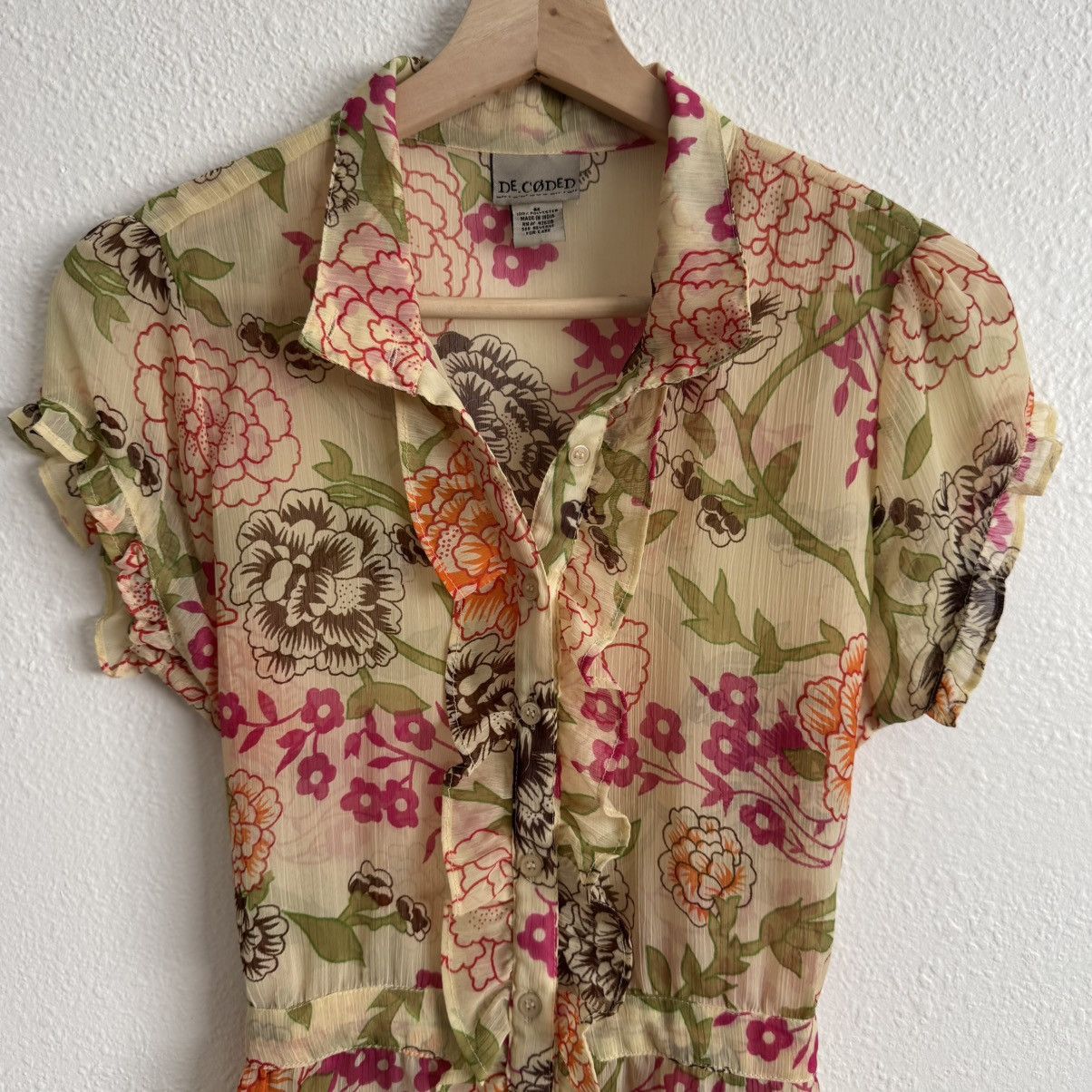 Other DE.CODED Y2K Yellow Floral Sheer Ruffle Button Up Top Size M / US 6-8 / IT 42-44 - 5 Thumbnail