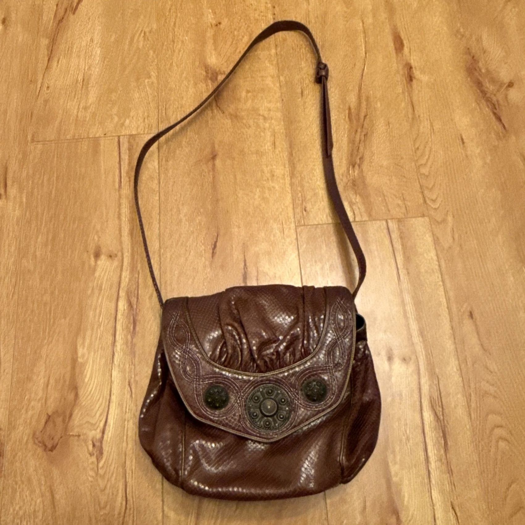 Skin VINTAGE Sharif WOMEN'S BROWN & GOLD REPTILE SKIN HANDBAG PURSE Shoulder Bag Women Medium Brown Gold Reptile Skin Embroidered Vintage 90s Size ONE SIZE - 2 Thumbnail