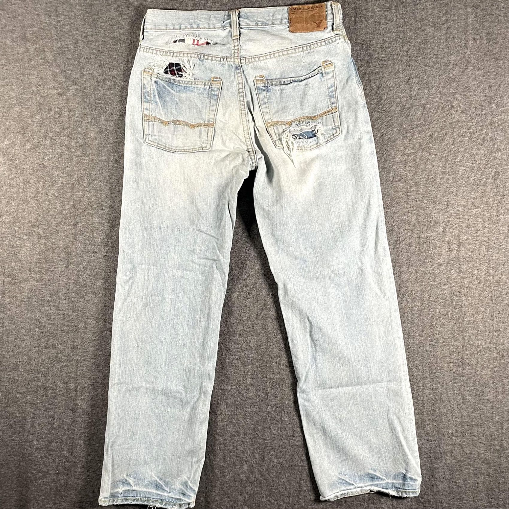 Vintage American Eagle Jeans Men's 29x29 Low Loose Relaxed Straight Distressed Plaid Patch Light Blue Denim Size US 29 - 3 Thumbnail