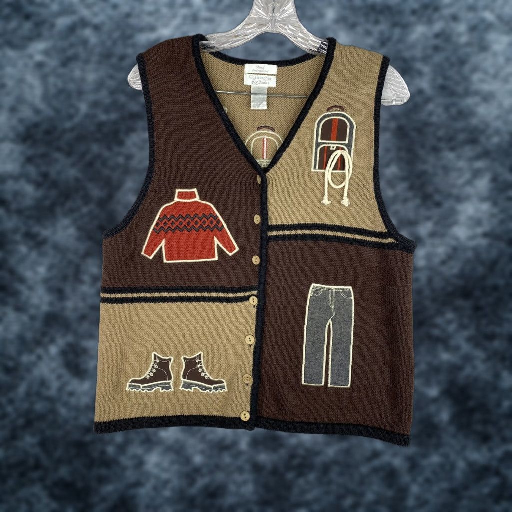 Vintage Christopher & Banks Vest Womens M Brown Embroidered Geometric Kitten Kitty Halloween Sleeveless V-Neck Casual Slim Breathable Regular Size M / US 6-8 / IT 42-44 - 1 Thumbnail