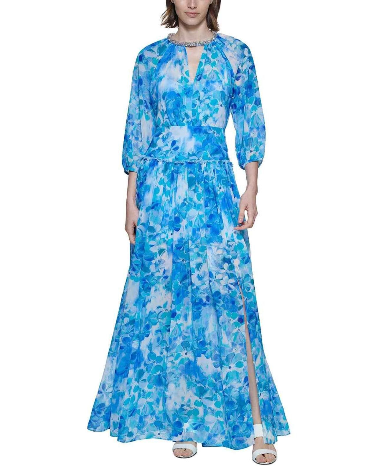 Calvin Klein Calvin Klein Floral Chiffon Embellished-Neck Maxi Dress Size L / US 10 / IT 46 - 1 Thumbnail