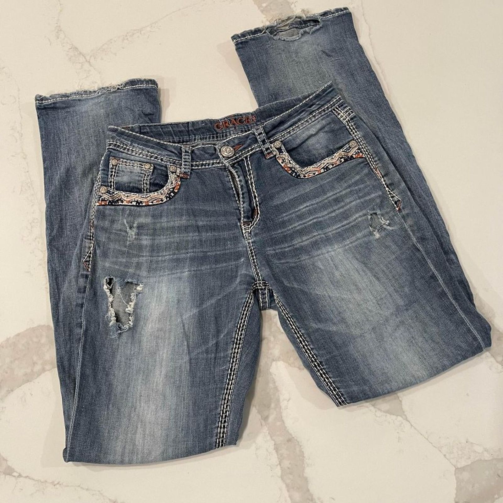 Grace in LA Grace in LA Bootcut Jeans Rhinestone Distressed Women's 29 Size 29" - 3 Thumbnail