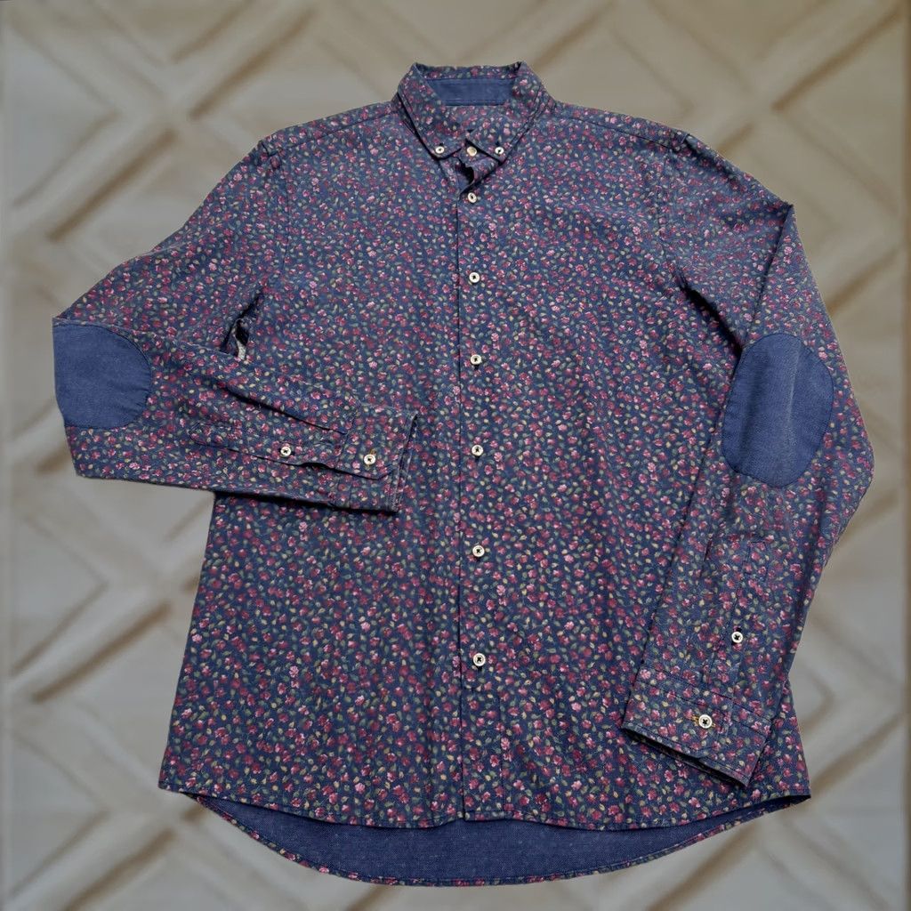 Zara Zara Regular Fit Button-Up Shirt Multicolor Floral Navy Blue Long Sleeve Men M Size US M / EU 48-50 / 2 - 1 Thumbnail
