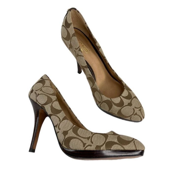 Coach Coach Caya Heels Pumps 8 Signature Logo Print Tan Brown Grailed